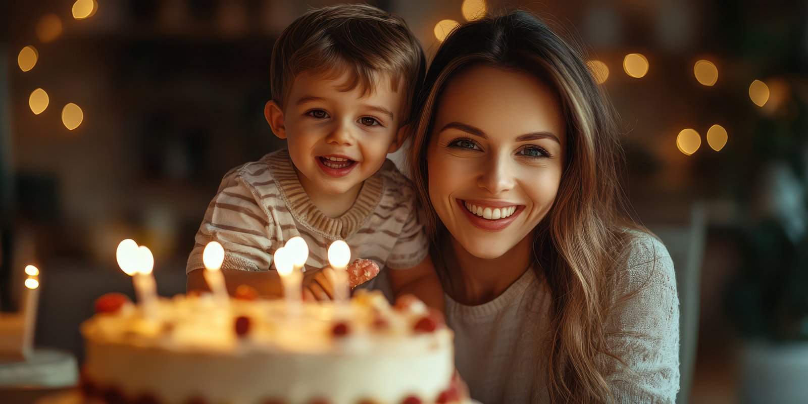 Mother and son celebrate birthday with joyful smiles and delicious cake in cozy, warmly lit room